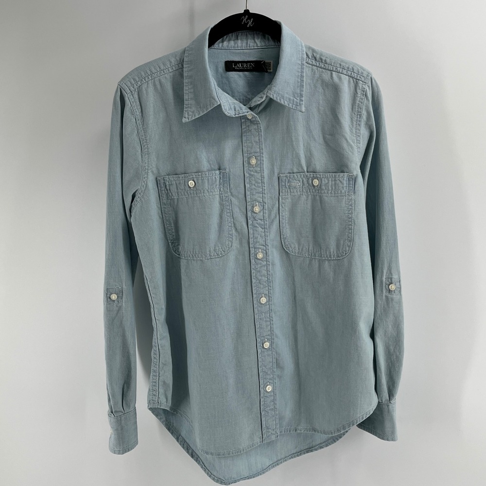 Lauren Ralph Lauren Womens Light Blue Cotton Roll Tab Button Down Shirt Small